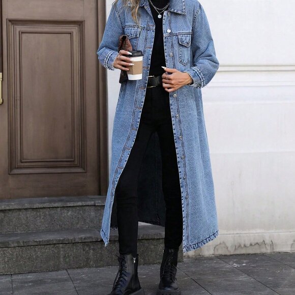 Blue Casual Women's Long Denim Jacket - Picture 4 of 5